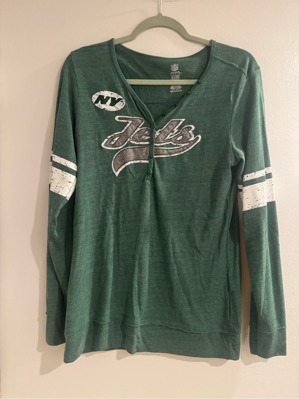 NFL New York Jets Distressed Henley Long Sleeve Top – Green – Size Large